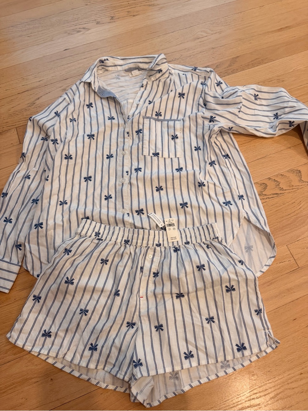 aerie Marbled Blue Striped Flannel Pajama Set Top - Picture 2 of 3
